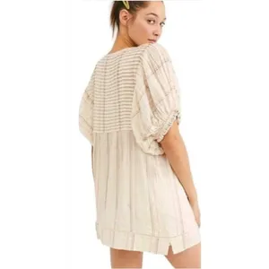 Free People Elsie Textured Gauze Tunic Mini Babydoll Dress Ivory Puff Sleeve thumbnail 2