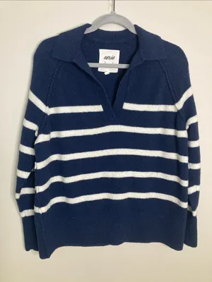 aerie Navy & White Striped V‑Neck Polo Sweater thumbnail 1