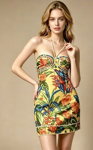 NWOT Farm Rio Bright Nature Linen Halter Mini Dress Size XS thumbnail 1