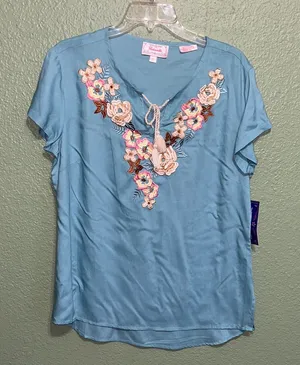 New floral embroidered shirt Panhandle Floral Embroidered Top v notch and tie thumbnail 1