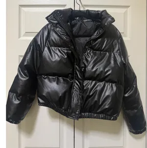 SHEIN Black Faux Leather Cropped Puffer Jacket M thumbnail 1