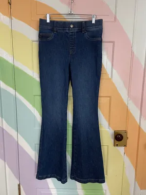 SPANX Pull On Flare Jeans Dark Wash High Rise Stretch Shaping Denim Sz M 🧡🎀 thumbnail 3