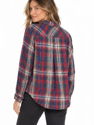 Dylan Medium Red Blue Plaid Flannel Button Down Shirt Western Fall Layering Top thumbnail 2