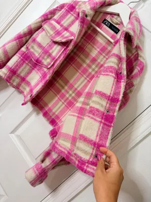 Zara Cropped Plaid Shacket Jacket Pink Cream Fuzzy Cozy Preppy Fall Size S thumbnail 8