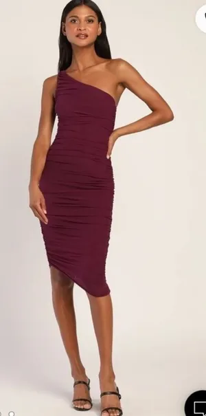 Lulus Already RSVP'd Plum Purple Ruched‎ One-Shoulder Bodycon Dress Sz S NEW thumbnail 1