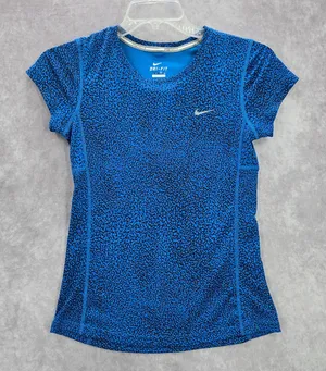 Nike Di Fit Blue Black Print‎ Short Sleeve Active Running Tshirt XS Extra Small thumbnail 1