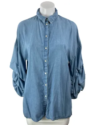Zara Women's Blue Long Sleeve Ruched Denim Jean Button Down Shirt Top Size M thumbnail 1