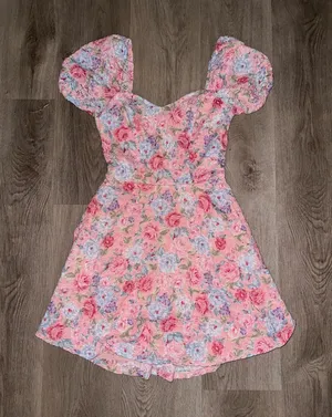 Pink floral dress with blue purple pink flowers thumbnail 3