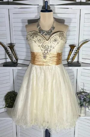 MayQueen Couture mesh mini dress gold beaded strapless fairy princess homecoming thumbnail 1