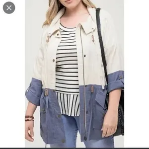 Blu Pepper Womens Colorblock Linen Blend Utility Jacket Blue Cream‎ Small BA4790 thumbnail 5