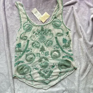Miss Selfridge Embellished Beaded Sequined Green Sheer Sleeveless Tank Top thumbnail 2