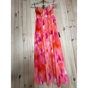 NWT Lulus Aysel Coral Pink Abstract Strapless Bustier Midi Dress Cruise Vacay XS thumbnail 2