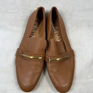 Calvin Klein Orianna Brown Leather Loafers Gold Logo Bar Flats Womens 11 34E2408 thumbnail 3