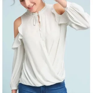 Anthropologie Maeve Liesel Cold Shoulder Top Large Light Mint Green thumbnail 1
