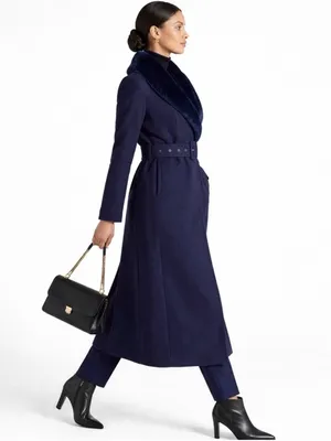 NEW Naked Wardrobe Navy Blue Faux Fur Collar Belted Long Coat Small Winter Lux thumbnail 4