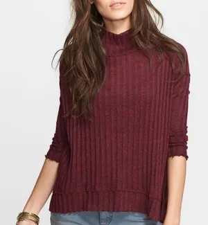 Free People Clarissa Mock Neck Ribbed‎ Burgundy Sweater Size S thumbnail 1