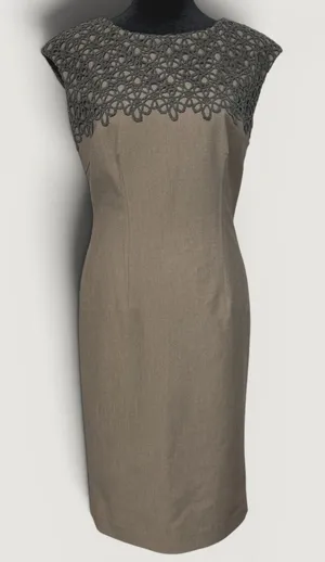 Jones New‎ York Dress Womens 4 Taupe Brown Crochet Lace Yoke Sheath Cap Sleeve thumbnail 1
