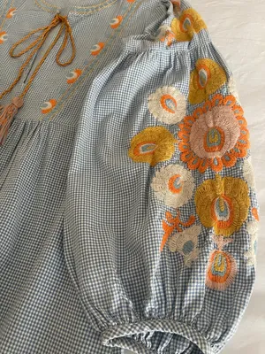 ZARA Woman Boho Embroidered Gingham Blouse - light Blue & White thumbnail 8