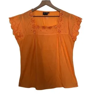 Ruby n Style Orange Cotton Cutout Embroidery Beaded Cap Short Sleeve Blouse thumbnail 1