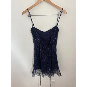 Lucy In The Sky Navy Blue‎ Sequin Cowl Neck Lace Up Back Ruffle Mini Dress Small thumbnail 2