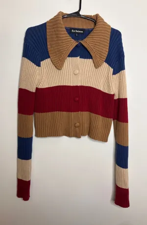 En Saison Cardigan Women L Multicolor Excellent Ribbed Knit Cropped Collared thumbnail 1