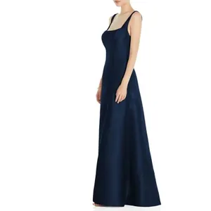 Alfred Sung Maxi Gown Women's 14R Navy Blue Square Neck Satin A-Line Sleeveless thumbnail 11