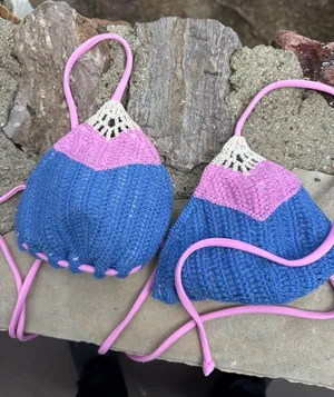 Victoria's Secret Crochet Bikini Top in Blue and Pink size S thumbnail 1