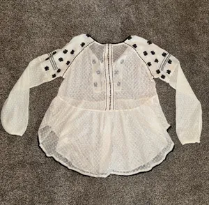 Free People Ivory and Black Embroidered Mesh Peasant Tunic Blouse thumbnail 3