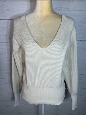 Free People V Neck beige cotton blend womens sweater size S thumbnail 1