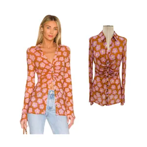 Free People Lucky Shirt Mesh Floral Ruched Button Front‎ Coffee Combo Medium thumbnail 2