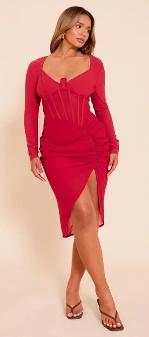 NWT PrettyLittleThing Womens Bodycon Corset Detail Ruched Midi Dress Size 4‎ Red thumbnail 1