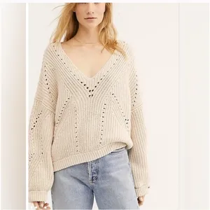 Free people Cream V-Neck Knit Sweater, size M, fits M to L thumbnail 2