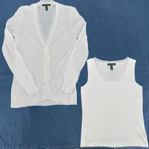 Lauren Ralph Lauren White Cardigan & Tank Top Set Linen Cotton Ribbon Trim Med thumbnail 1