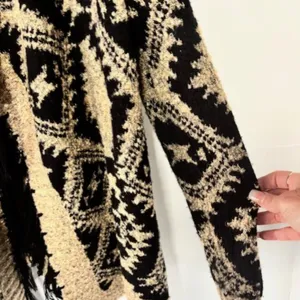 Cato Womens Beige Black Gold Metallic Open Front Cardigan Geometric Tassel Drape thumbnail 5