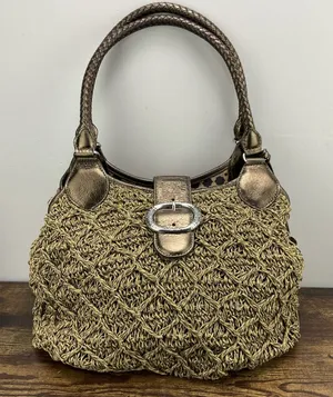 Brighton Woven Jute Gold Leather Buckle Accent Y2K Satchel‎ Purse Vintage thumbnail 1