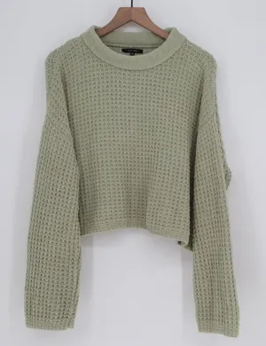 Love Tree Sage Green Waffle Knit Cropped Sweater Womens Small Relaxed Fit thumbnail 1