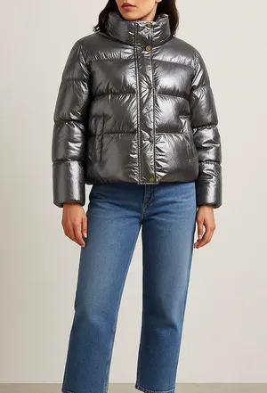 Who What Wear Metallic Silver Puffer Jacket Women’s Medium Shiny Winter Coat thumbnail 1