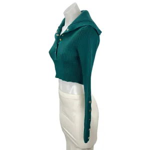 Zara Women's Teal Blue Ribbed Knit Long Sleeve Henley Sweater Crop Top Size S thumbnail 4