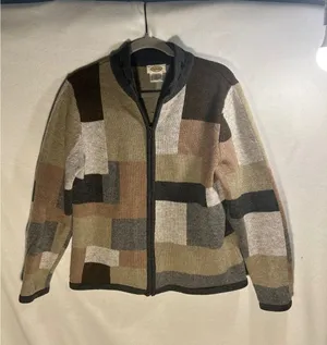 Talbots Wool Full Zip Cardigan Sweater Womens Large Patchwork Earth Tone Brown L thumbnail 1