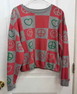 Mighty Fine red checkered crewneck cropped long sleeve sweatshirt casual large L thumbnail 1
