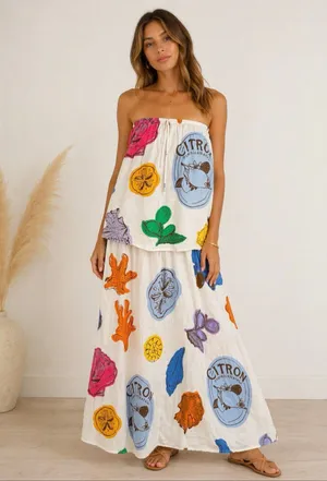 Sabo Skirt Coastal Print Strapless Cotton Maxi Dress Resort NWOT Small thumbnail 8