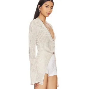 Free People Vie Boheme Cardi Sandcastle Tan Ribbed Knit Slit Cardigan Large L thumbnail 2