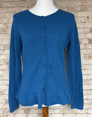 Garnet Hill Sweater M Blue Cashmere Cardigan Long Sleeve Minimalist Peplum thumbnail 1