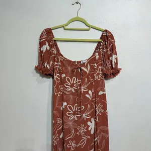 Workshop Rust Floral Puff Sleeve Smocked Back Maxi Dress Sz L thumbnail 3