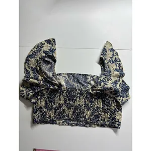 Source Unknown Floral Square Neck Crop Top in Navy and Cream thumbnail 4