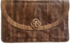Vintage 80s 90s Shoesstrings Snakeskin Clutch Purse Bag Brown 11.5” x 7.5” thumbnail 1