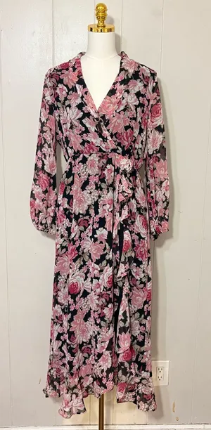 Bardot Floral Wrap Maxi Dress Ruffle Side Slit Black Pink Size M thumbnail 1