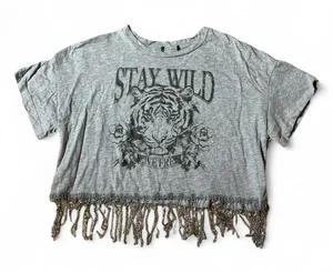 Womens Gray Graphic Crop T‎ Shirt Tiger Roses Stay Wild Live Free Fringe Grunge thumbnail 1