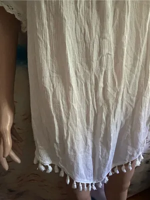 Nouveau Beach Women's White Tassel Hem Peasant Dress Swim Cover Up MD NWT thumbnail 6