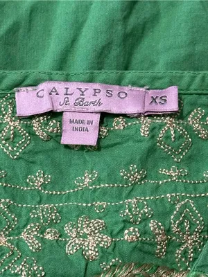 Calypso St. Barth XS Green Gold Embroidered Cotton Lace Up Tassel Tunic Dress thumbnail 6